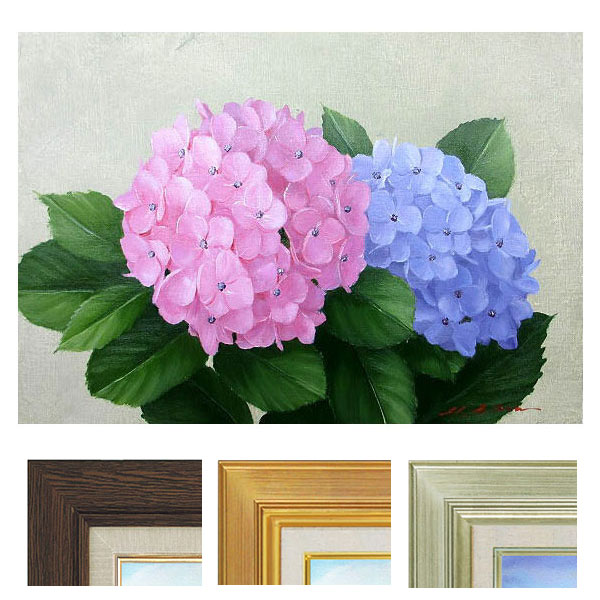 油絵 油彩画 あじさい アジサイ 紫陽花 額縁入り 肉筆サインあり 油絵