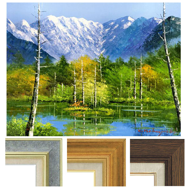 油彩画 自然風景 木製フレーム付き 約60x65cm 油彩画 自然風景 木製