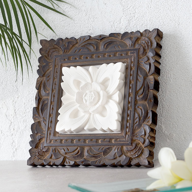 アジアンヴィンテージアンティーク 木製四つ折り屏風 植物絵画付き