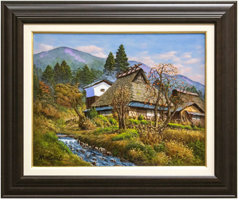 大型油絵『山水風景』肉筆油絵 風景画 作者在銘 木製額☆時代物☆ 絵画