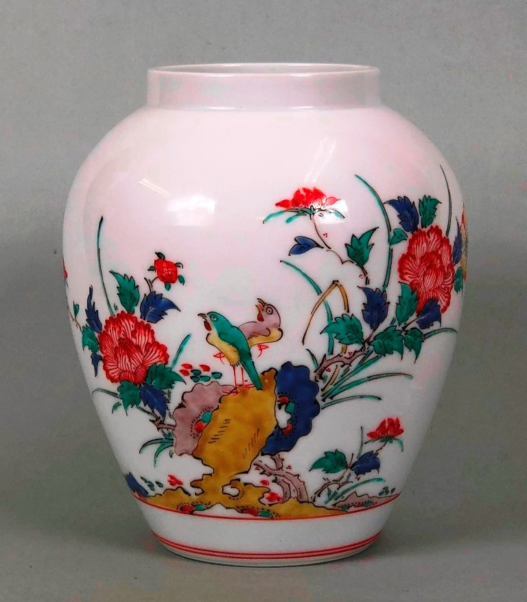 国重要無形文化財 十三代酒井田柿右衛門 錦菊鳥文花瓶 共箱 本物保証