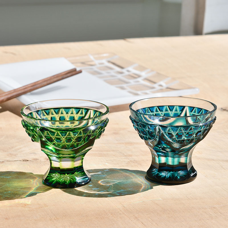 尚古集成館監修 薩摩切子工芸作 藍被せガラス 復元 薩摩切子盃 共箱