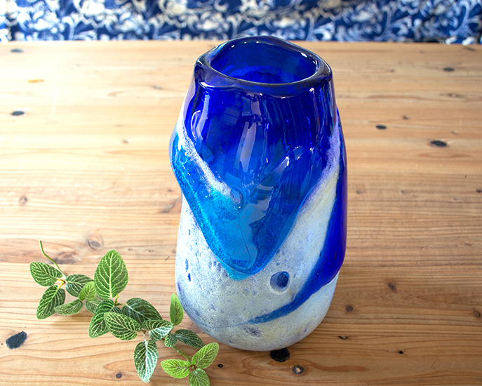 希少 琉球ガラス 泡 名工 稲嶺盛吉 器 エメラルド ブルー 希少 琉球