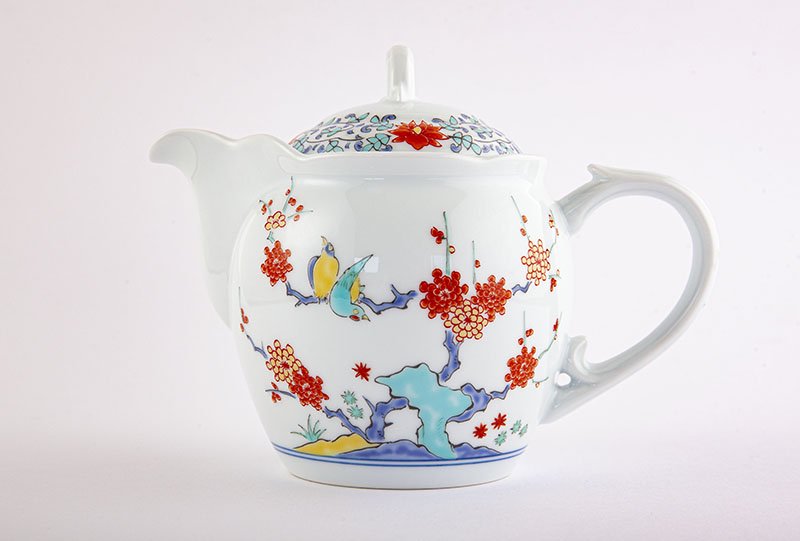 オールドニッポン ポット 花鳥図 白釉盛上 花摘み・フラワーハンドル