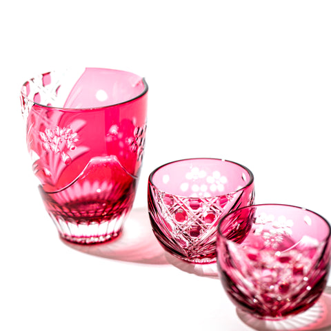 衿』江戸切子 金赤 ワイングラス 5客 酒杯 酒器 硝子工芸 （鈴10）