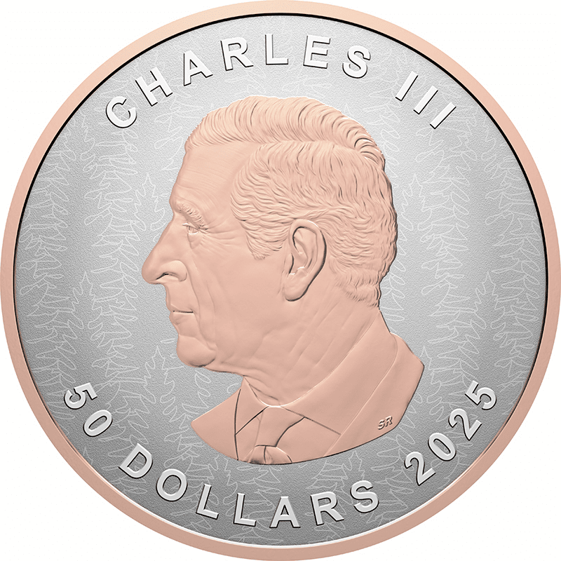 カナダ 2025年 メイプルリーフ 50ドル銀貨ローズゴールドメッキ付