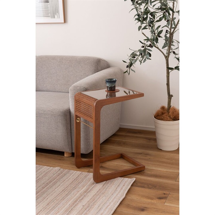 ヴィンテージ調 ラタン 木製サイドテーブル 2引き出し ブラウン