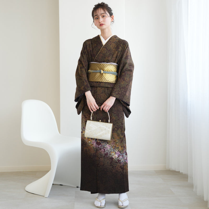 着物だいやす 771□訪問着□刺繍 丹後ちりめん 葡萄唐草文 練色