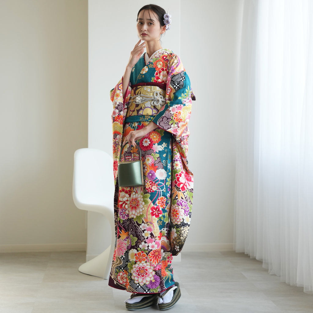 振袖フルセット、正絹振袖成人式、重ね衿、帯揚げ帯締め、全通袋帯