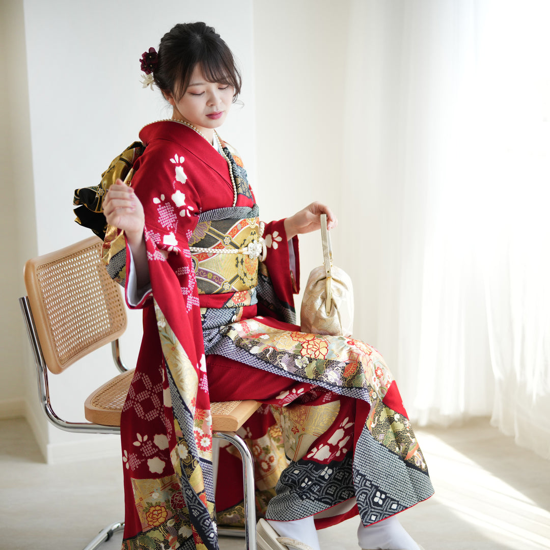 振袖フルセット、正絹振袖成人式、重ね衿帯揚げ帯締め、袋帯、襦袢