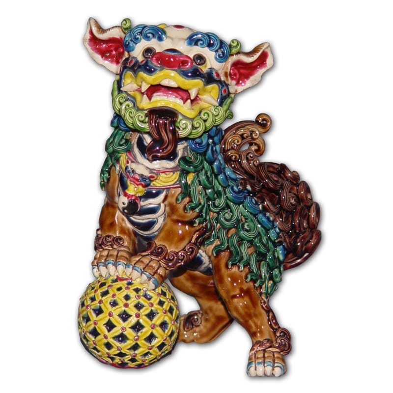 中国美術 職人手作リ陶製青茶獅子觀音像緣起物 榴木台付 高47cm X 23cm