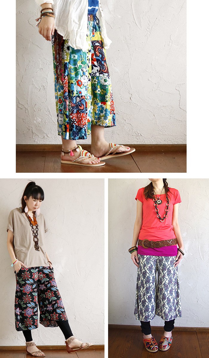 エスニック ガウチョパンツ ワイドパンツ フレア レディース 総柄