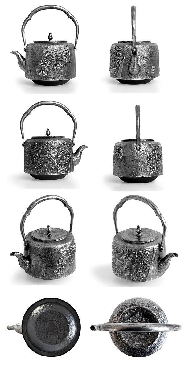 砂鉄含有鉄瓶 岩鋳 清末 水沢繁樹造 恵比寿大黒吉祥文南部形鉄瓶