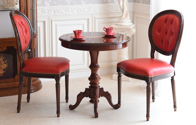 イタリア製 ルネッサンスItalia 象嵌70φ猫脚テーブル・本革ダイニング3