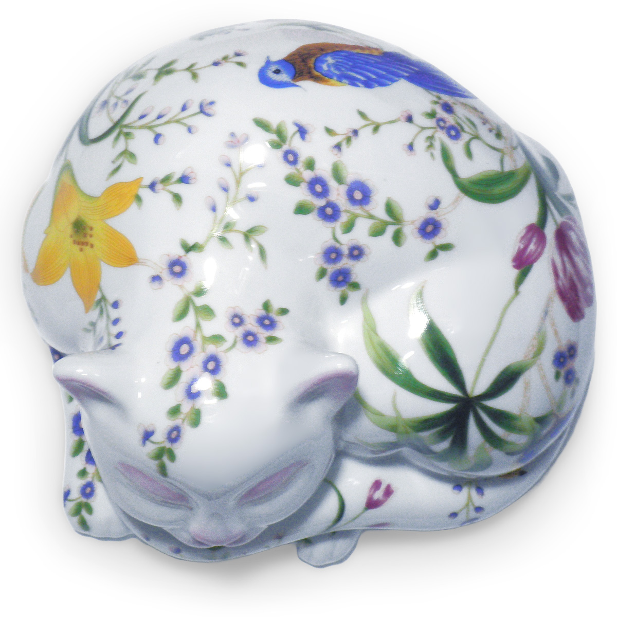 置物 半睡 猫 うたた寝 ネコ 眠り猫 彩色 陶器 花鳥文(説明書付き)Harf