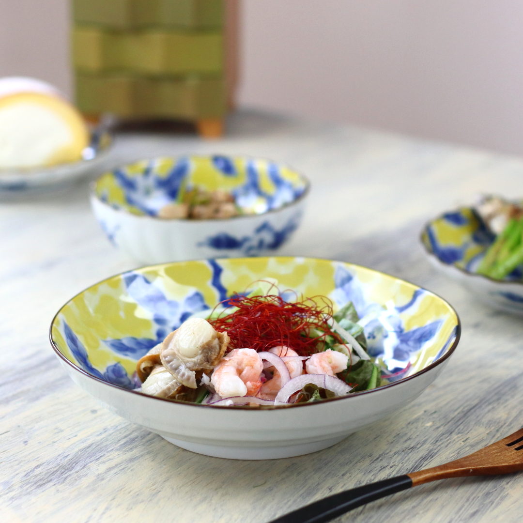 黄彩花紋 深鉢 21cm 日本製 美濃焼 六平68深皿 大皿 中皿 和皿 深皿