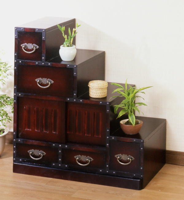 引取限定 愛知県稲沢市】階段箪笥 和タンス 階段型 6引き出し ダーク