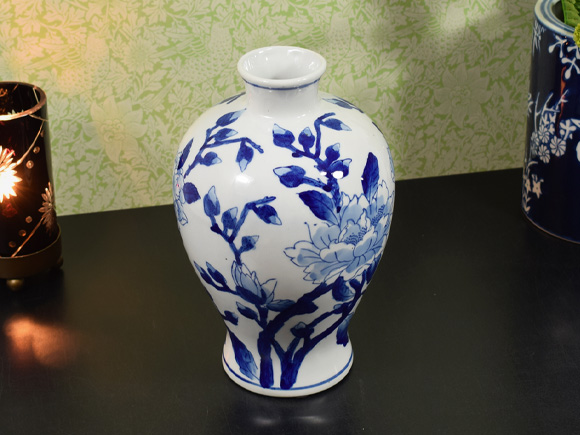 A＆B HOME ブルーホワイトピオニー 青白陶器牡丹柄壷 花瓶 陶器置物