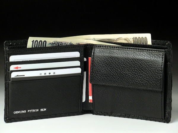 本革 パイソン 二つ折り財布 一枚革 ブラック 財布 ヘビ革 黒 : ダブル