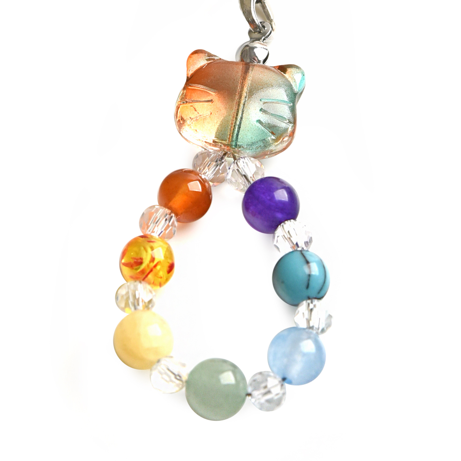 天然石 パワーストーン 招き猫 ストラップ お守り 七色 開運 厄年 金運