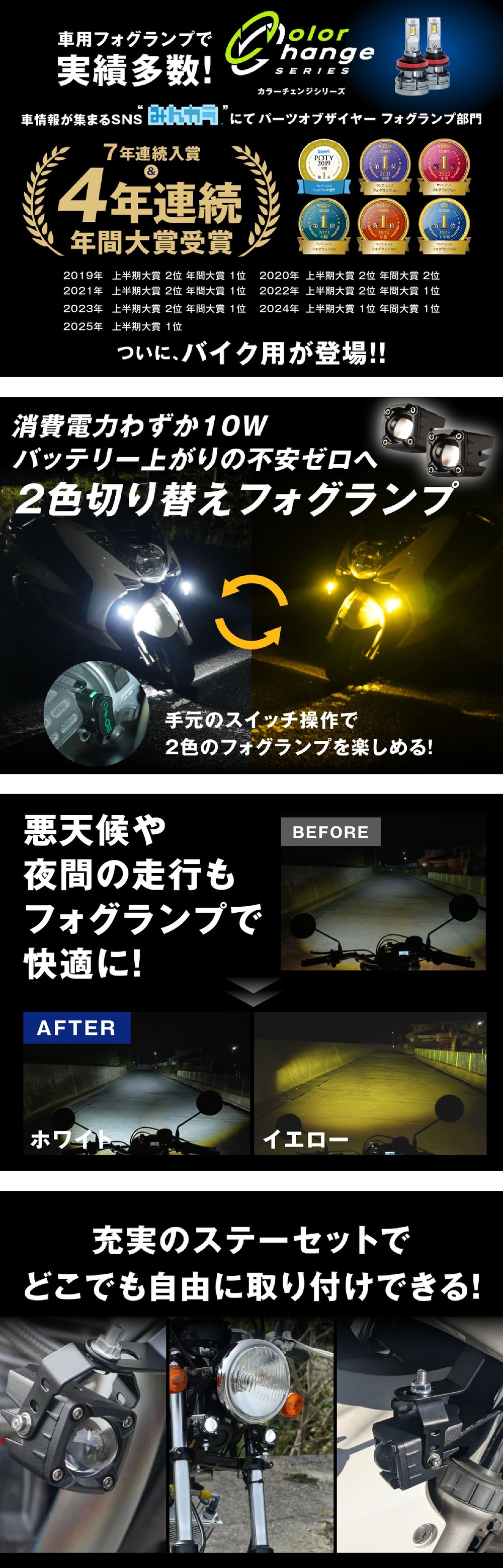 fcl. バイク用 LED フォグランプ 2色切り替え ホワイト イエロー 12V