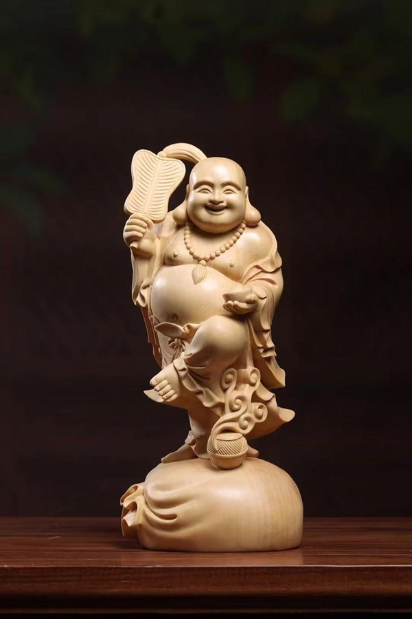 木彫りの仏像 布袋様 置物 七福神 風水グッズ 置き物 布袋さんの置き物