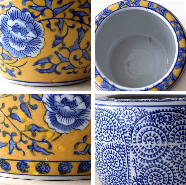 骨董 火鉢 染め付け モダン レトロ花 メダカ 睡蓮鉢 金魚 テーブル