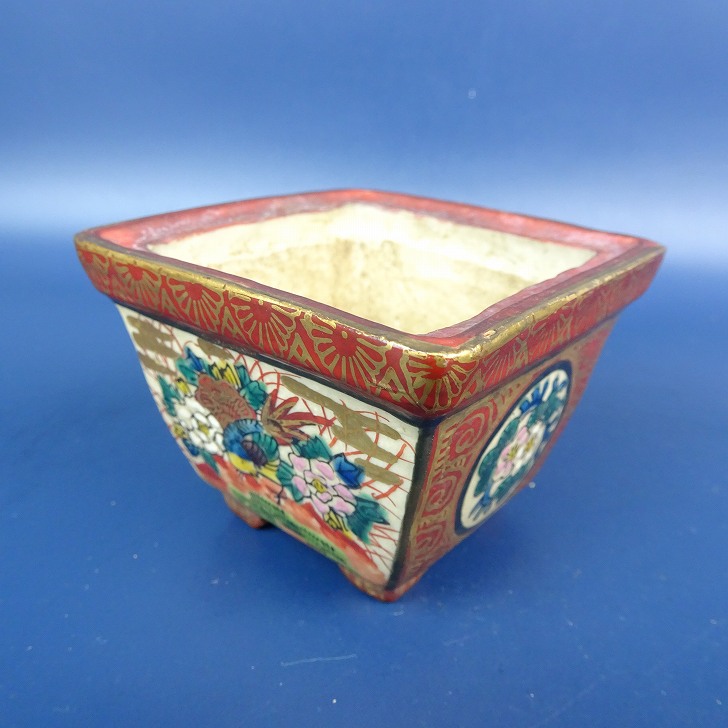 中古】盆栽鉢 九谷 庄三 小鉢 長辺 約7cm 正方鉢 色絵 花 松 鳥 人物