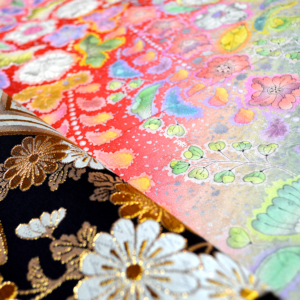 341 振袖フルセット 正絹 赤 黒 金 絞り 辻が花 金彩 駒刺繍 染め分け