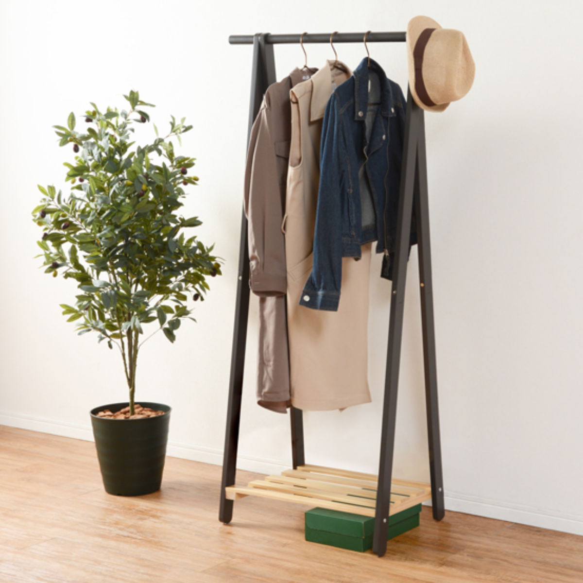 HAGiHARA（萩原） ハンガーラック 天然木製 すのこ付 幅80cm （ コート