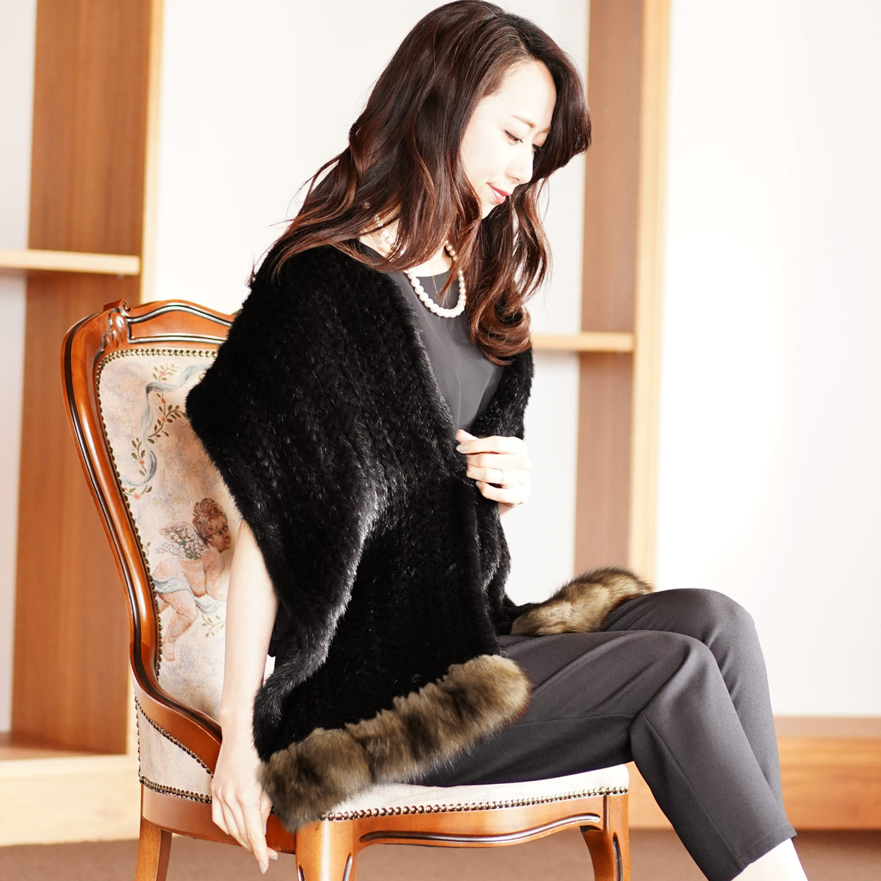 sankyo shokai（三京商会） ブラックミンク 編み込み ストール