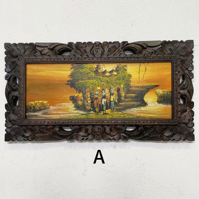 バリ絵画 風景画 タナロット寺院 サンセット 額付き W63×H33cm バリ