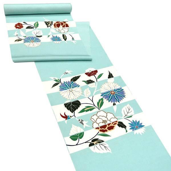 15%分クーポンあり 塩瀬名古屋帯 京友禅 仕立て付き 水色 正絹 染め帯