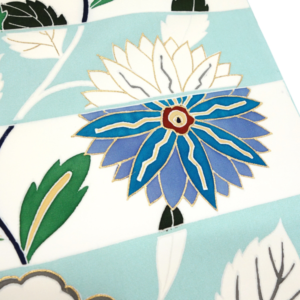 15%分クーポンあり 塩瀬名古屋帯 京友禅 仕立て付き 水色 正絹 染め帯