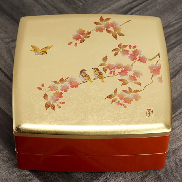 重箱 二段 日本製 国産 お重 8.0 胴張 オードブル 箔工芸 花鳥 中子4個