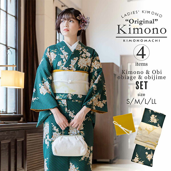 KIMONOMACHI 洗える着物 セット「袷着物：ストライプブーケ グリーン＋