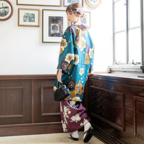 KIMONOMACHI 洗える着物 セット「袷着物：ストライプブーケプラム＋京