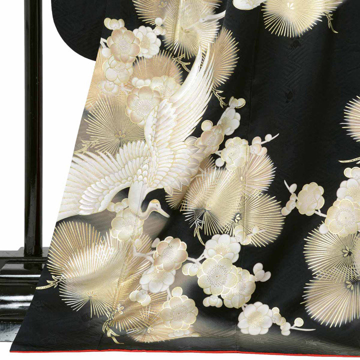 未仕立て 振袖 22点セット「黒金 鶴に松梅」仮絵羽 振り袖 正絹 着物