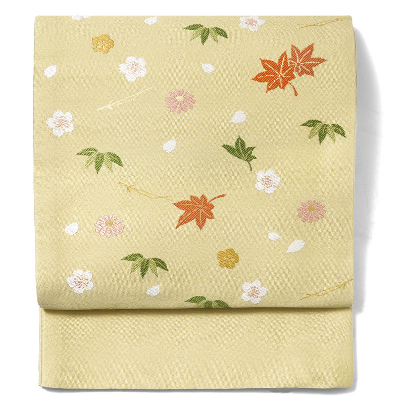 京袋帯 吹き寄せ からし 黄色 紅葉 桜 松葉 笹 花 伝統文様 JAPAN MODE