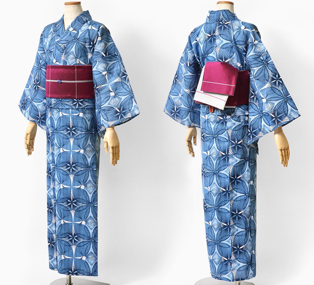 浴衣 美術サロン 藍捺染 変わり七宝 藍 紺 白 知多木綿 綿麻