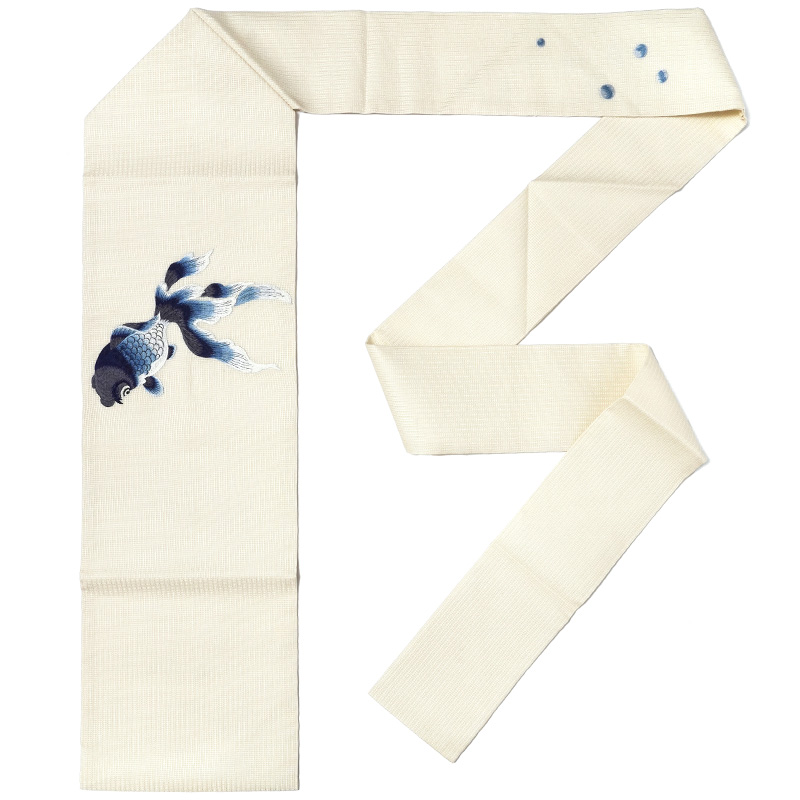 誉田屋源兵衛 名古屋帯 金魚 オフ白 紺 刺繍 正絹 夏着物 仕立て上がり