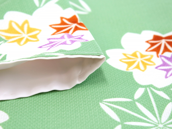 着物 4点セット 洗える 袷 Mサイズ 緑 麻の葉 きもの 黄色 花唐草