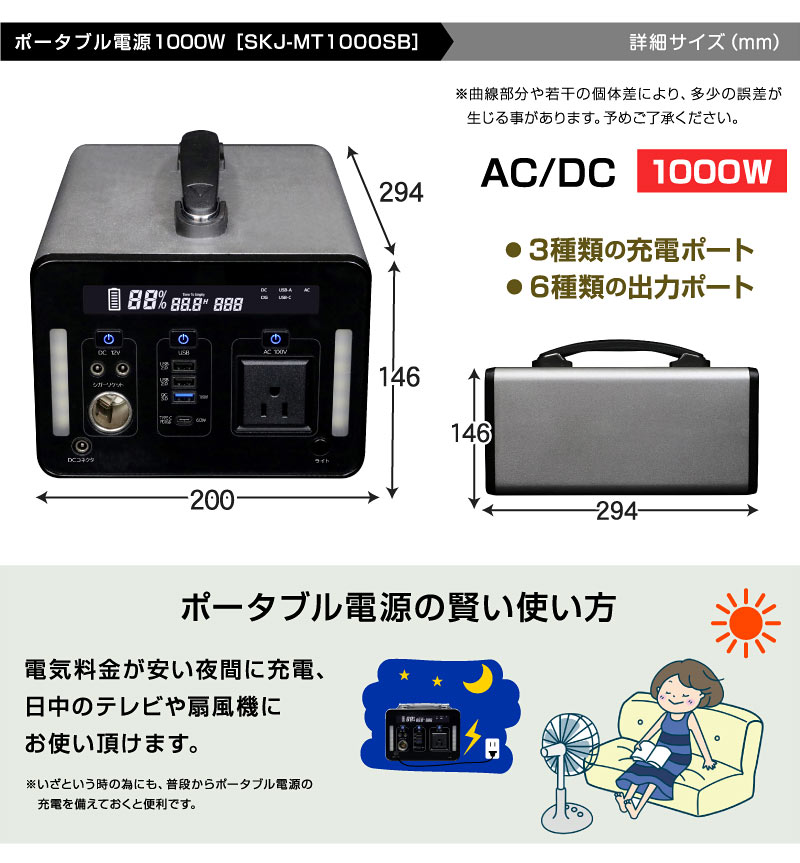 ポータブル電源 1000W 大容量 家庭用 小型 AC電源 DC出力 防災 災害