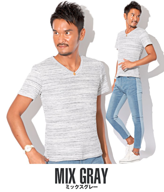 Tシャツ メンズ 半袖 Vネック ワッフル 杢 ミックス スラブ 夏 BITTER