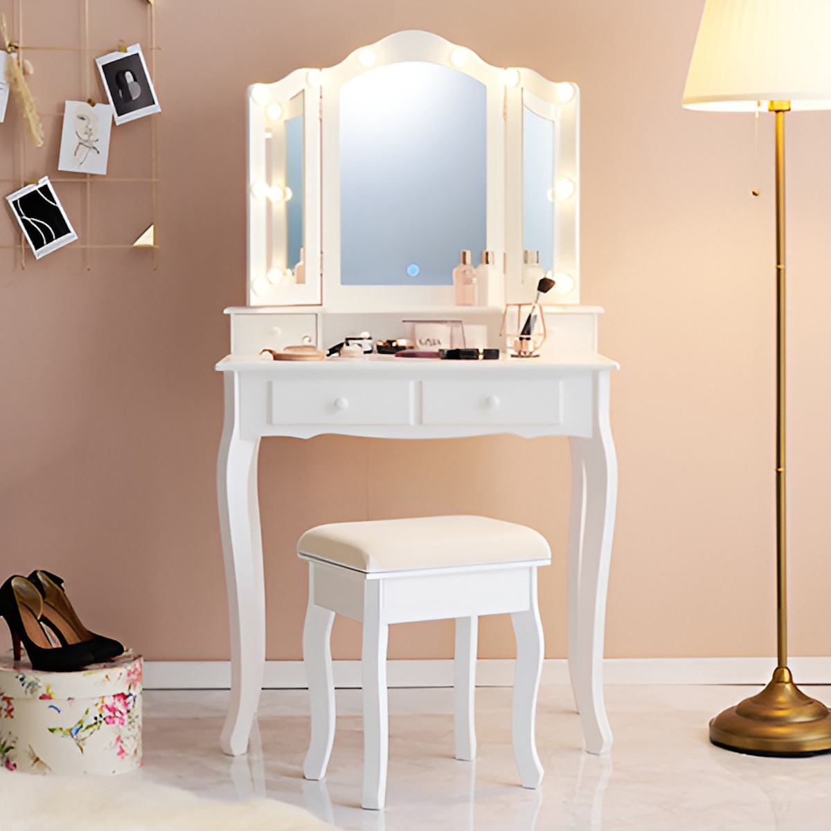 HAGiHARA（萩原） ドレッサー スツール付き 幅75cm ライト （ 調光 LED