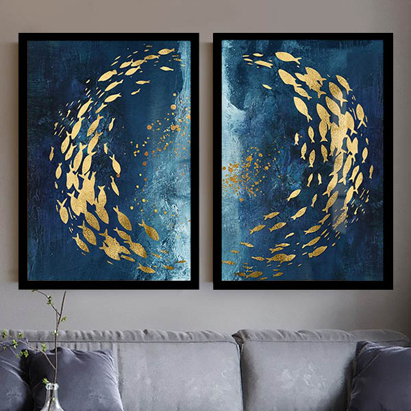 2枚セット 33×43cm アートパネル フレーム絵画 モダンアート 魚 縁起物