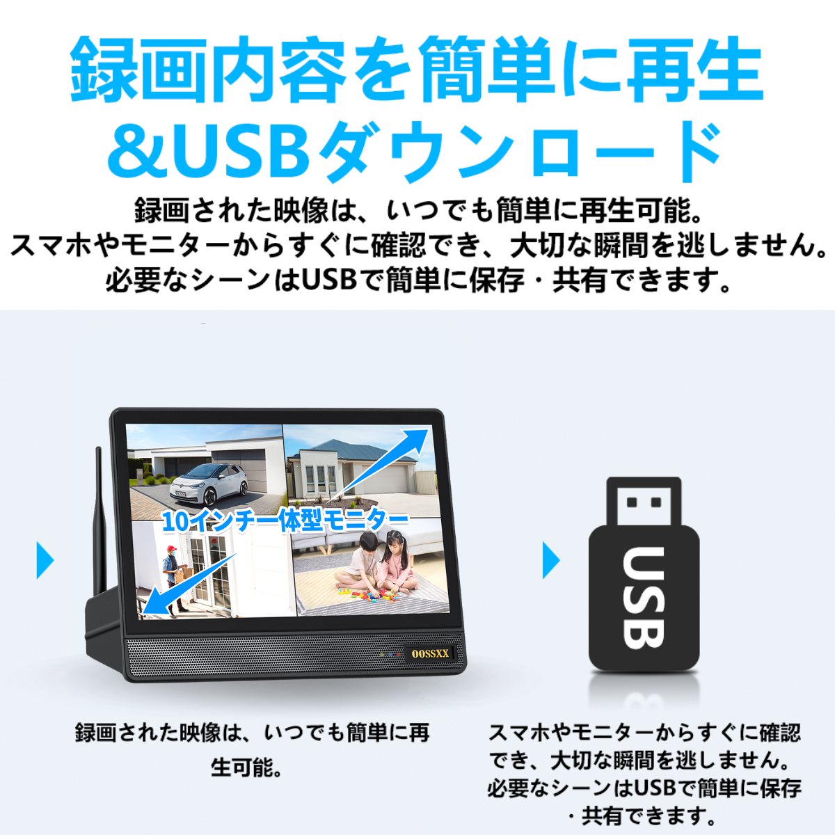 OOSSXX 10インチモニター 一体型録画機 NVR モニター付き 10インチ