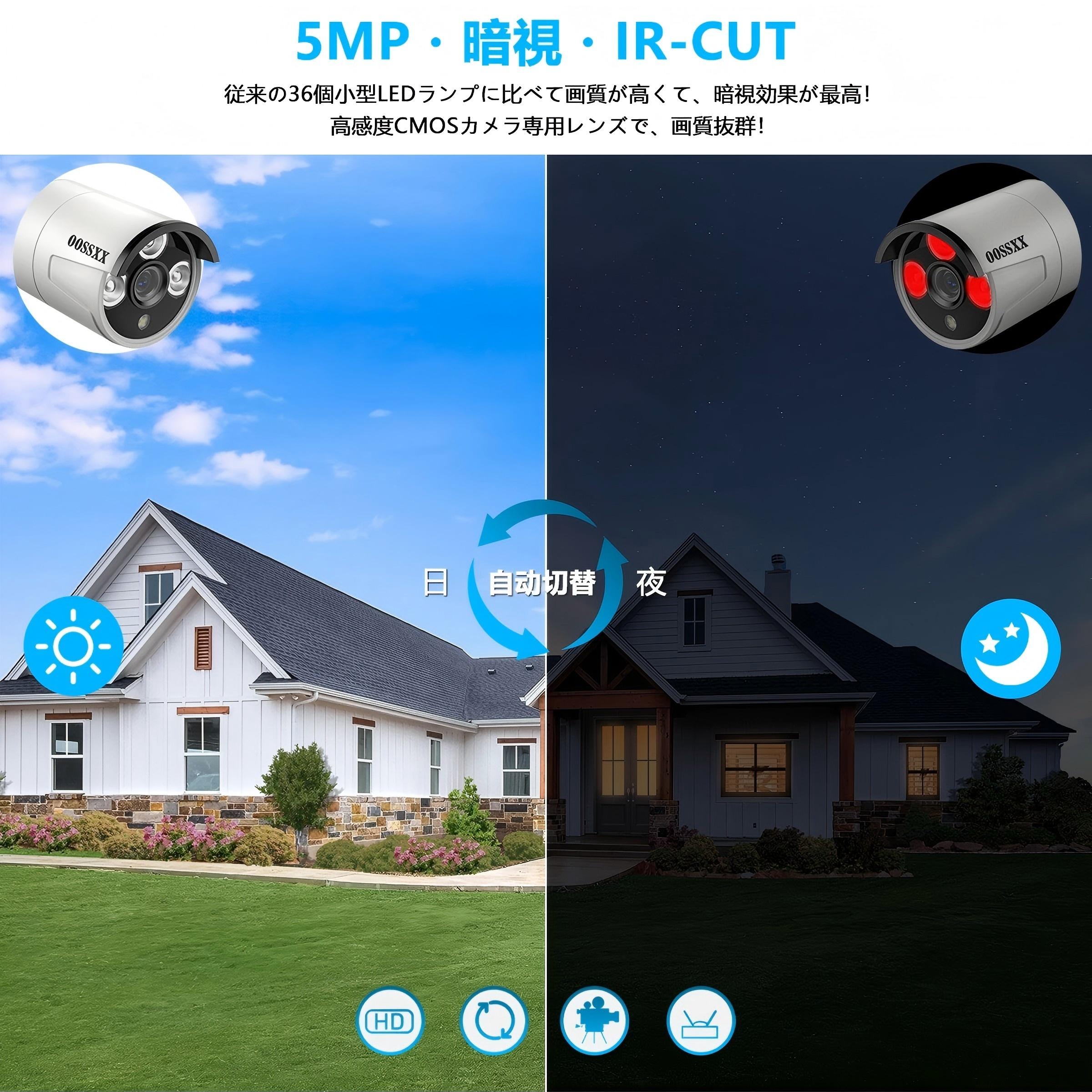 防犯カメラ 屋外 家庭用 防犯カメラセット 4台 電源不要 500万画素 PoE