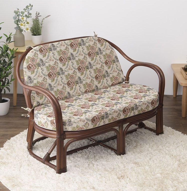 天然籐 カウチソファ マット付 2人掛け 幅107cm ソファ 完成品 ラタン