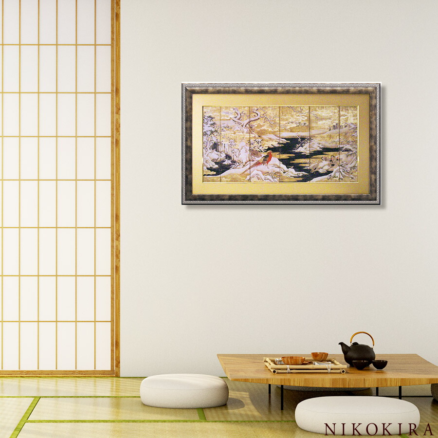 アートパネル 日本 名画 和風フレーム 赤い鳥と山水 111cm 68cm